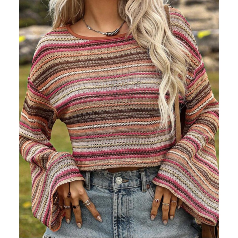 Boho Rose Red Striped Cropped Long Sleeve Top - Picture 2 of 6